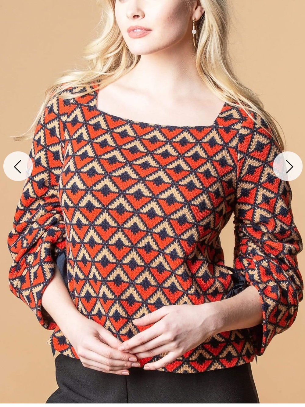 Eva Franco Orange and Navy Blue Geometric Boatneck Sweatshirt